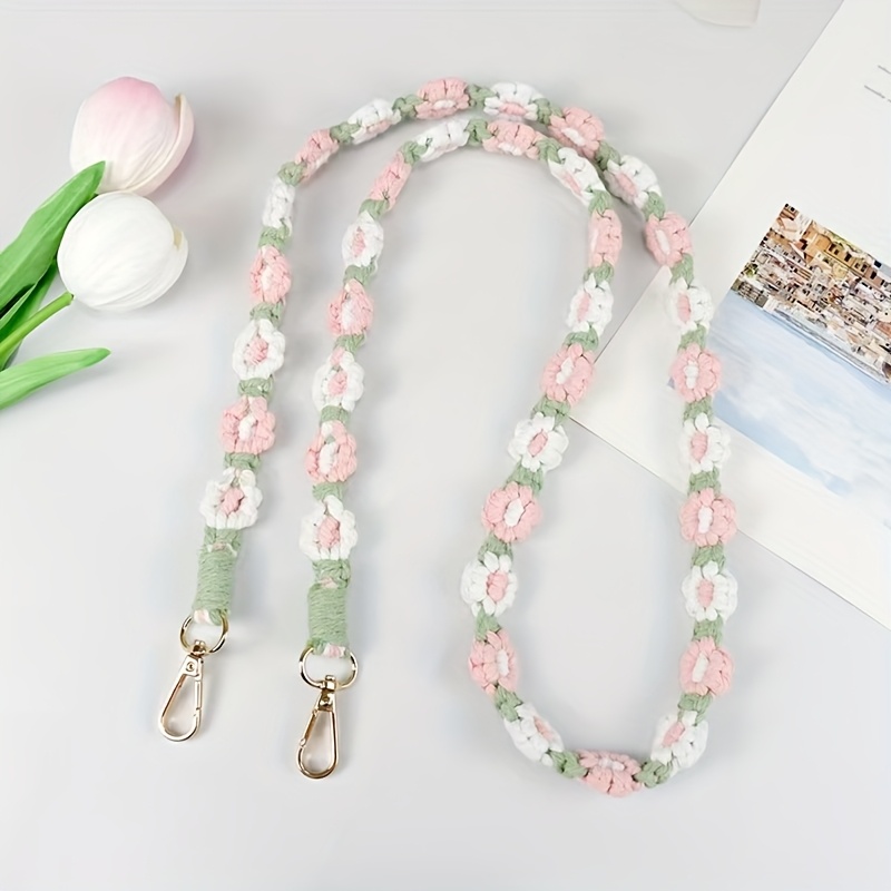 Handmade Woven Small Daisy Flower Crossbody Bag With A Phone Chain, Keychain, And Camera Strap