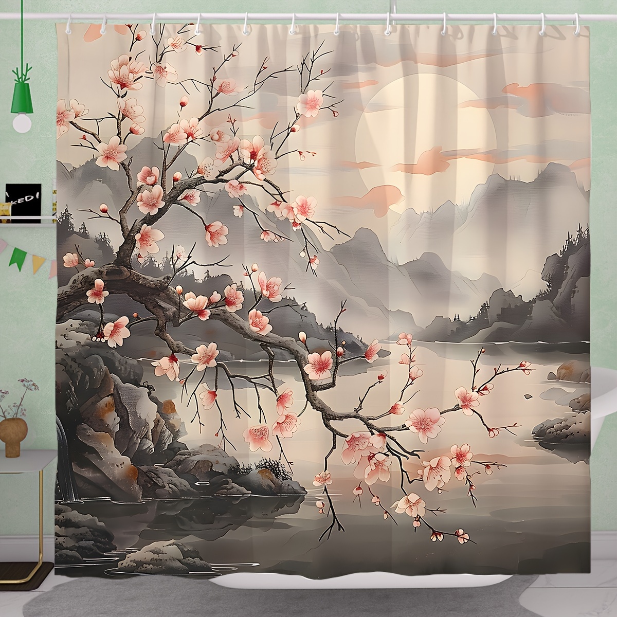 

Cherry & Mountain Range Shower Curtain - Waterproof Polyester, Machine Washable With 12 Hooks Included, Pink Taupe Floral Design For Bathroom Decor, 71x71 Inches
