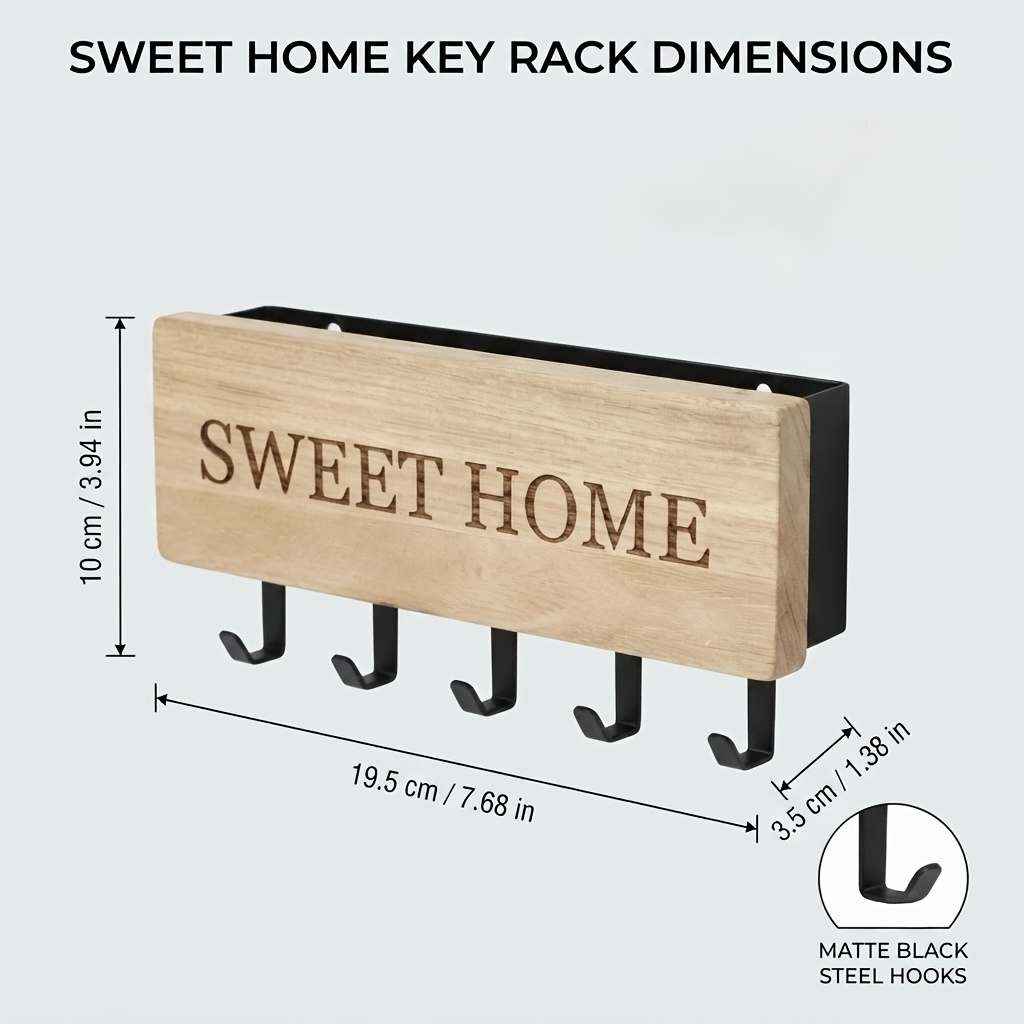 TEMU Wooden Key Holder Wall Mount Sweet Home Remote Control Storage Rack With 5 Hooks