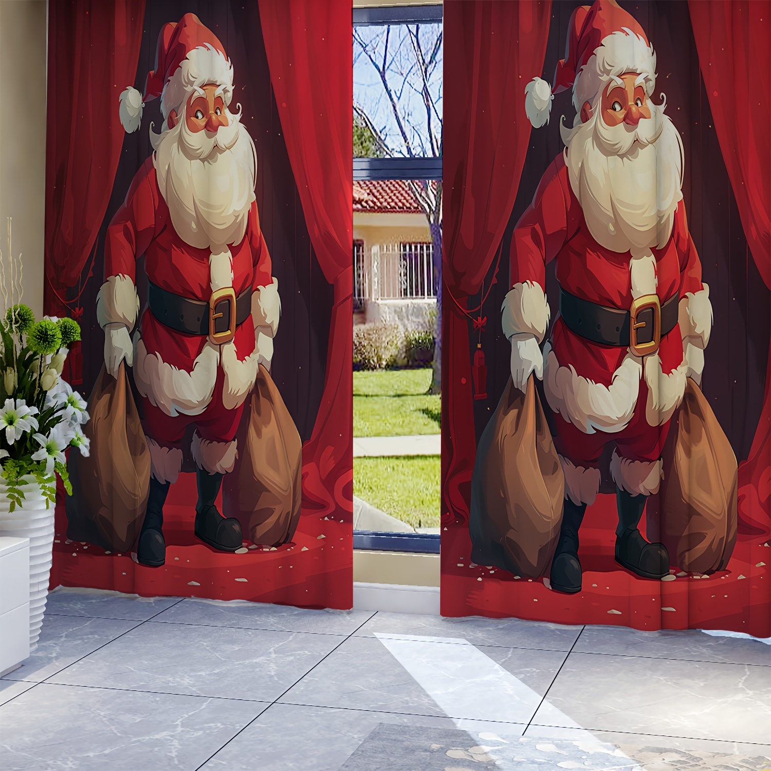 

2pcs, All-season Christmas Cartoon Santa Claus Printed Curtains, Living Room Curtain Rod Pocket Curtains, Living Room Furniture Decoration Home Decor