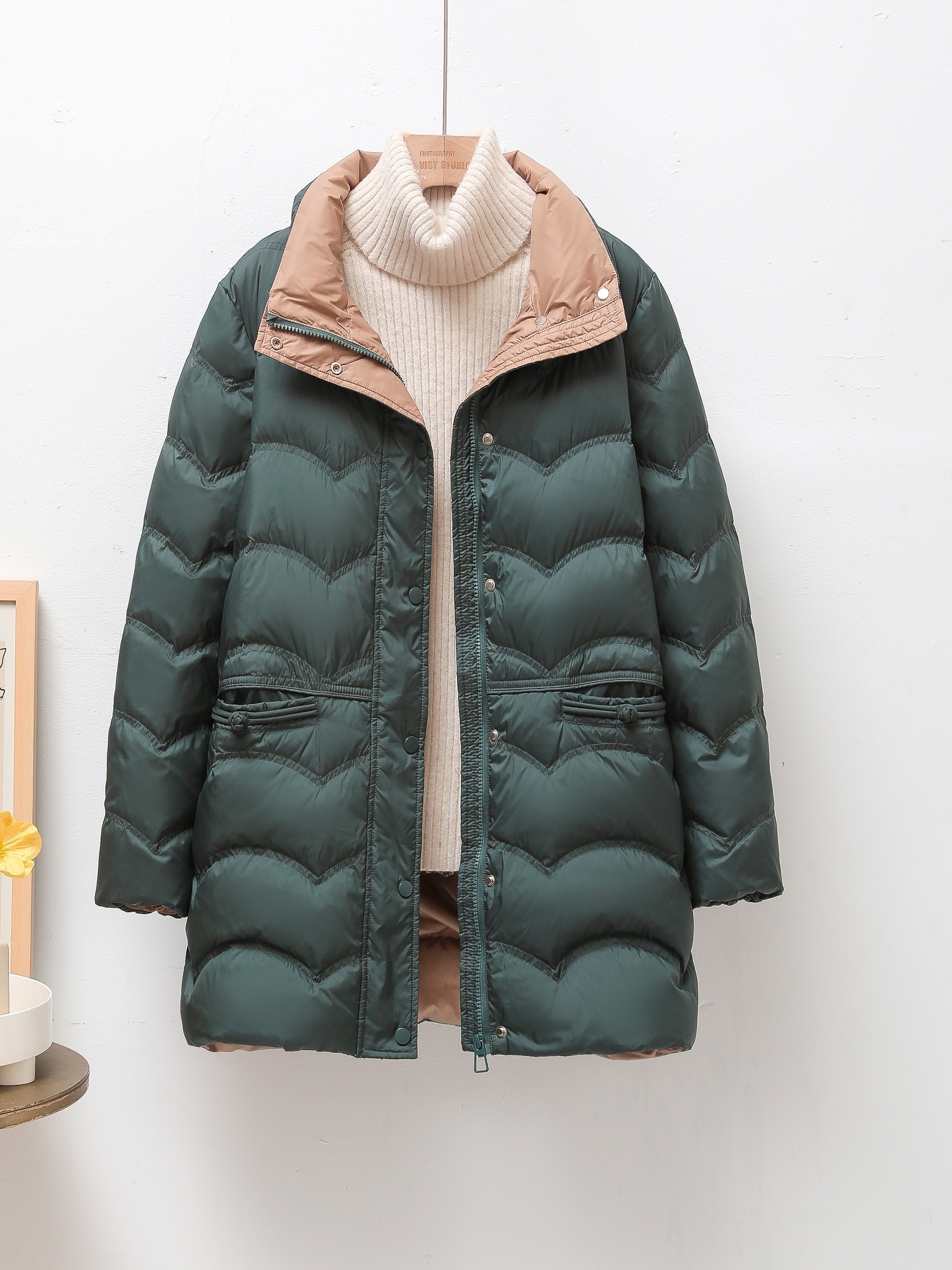 ジップアップ   パフィー コート、カジュアル サーマル 長袖 スナップ フロント ポケット コート 秋 & 冬、レディース服