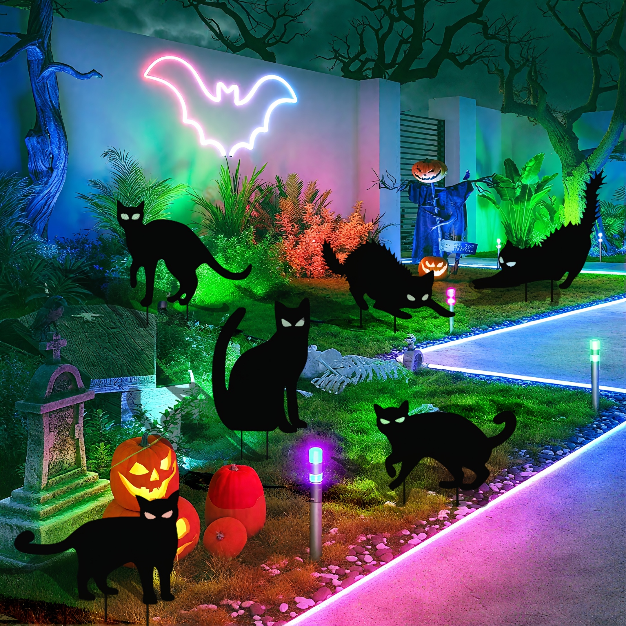 Image of 6 Pack -the- Cat Halloween Decorations With Scary Silhouette Outdoor Yard Signs & Stakes - Glow Eye Cats For Lawn, Garden, Spooky - Plastic Feline Decor ( Assembly)