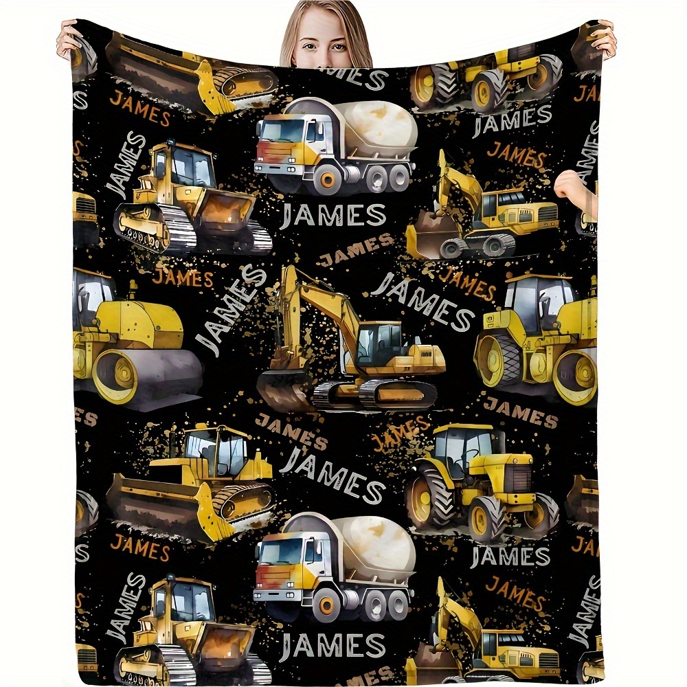 

Custom Name Flannel Blanket With Cute Excavator & Construction Vehicle Design - All , Machine Washable, Ideal For Home Decor, , Sofa, Office Gift