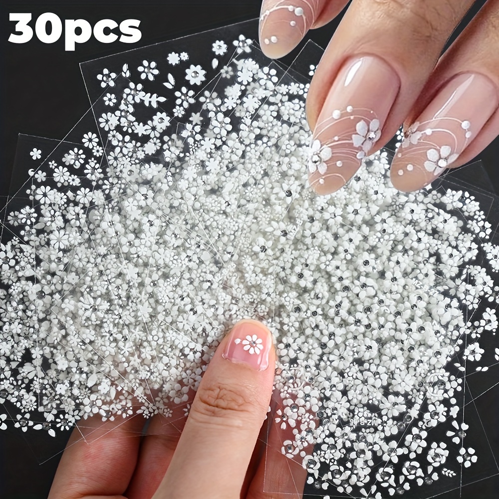 

30pcs White Flowers Nail Art Stickers With Rhinestones 3d Nail Decals For Diy Manicure Self-adhesive Daisy Sticker For Nail Decoration For Women And Girls