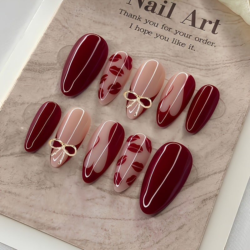 Burgundy French Tip Press-On Nails with Golden Bows