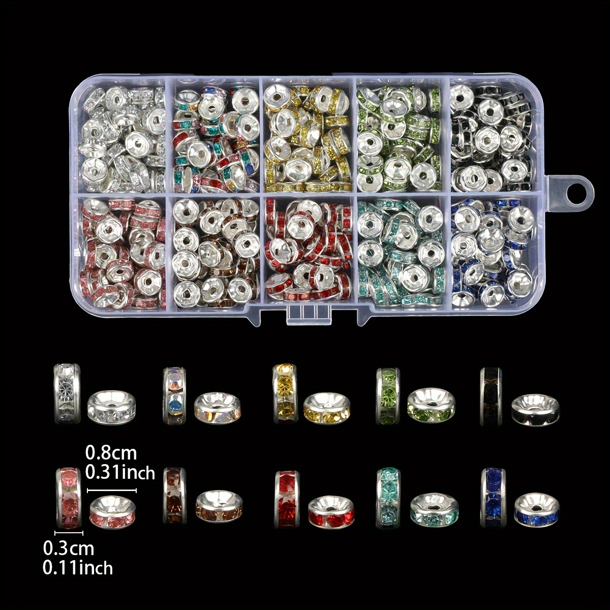 

400-piece Rhinestone Rondelle Spacer Beads Set For Jewelry Making - Assorted Colors, Ideal For Diy Bracelets & Crafts