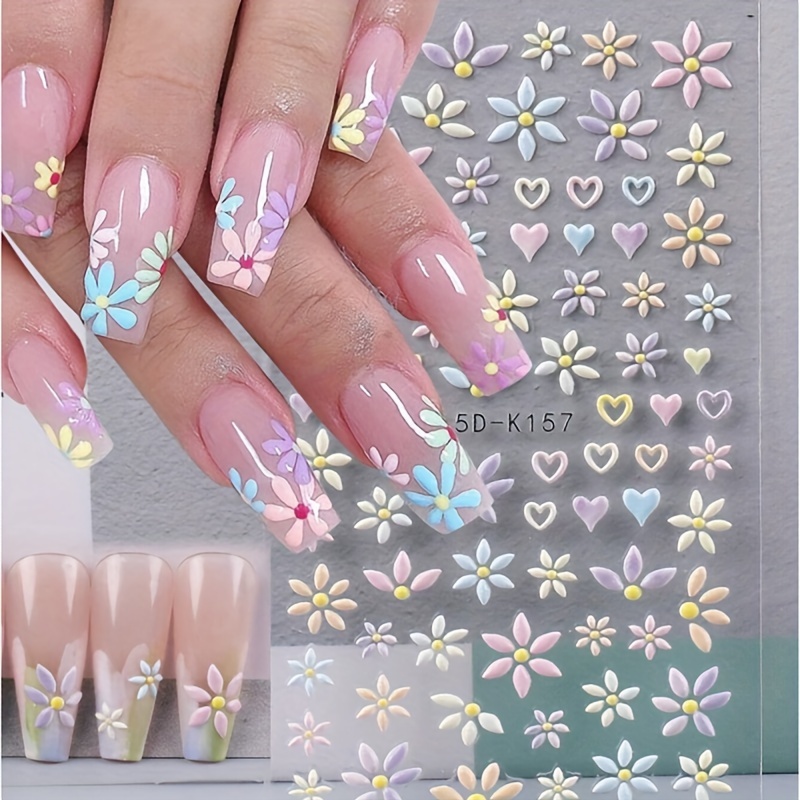 

5d Embossed Flower & Heart Nail Stickers, Colorful Spring Flower Petal Nail Art Decals, Diy Manicure Decor For Girls And Ladies