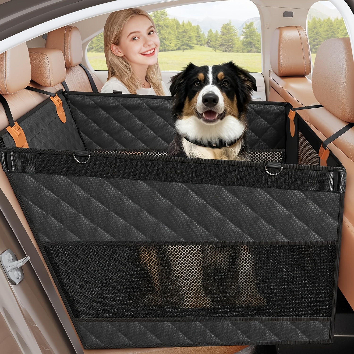 TEMU Large Dog Car Seat, Back Seat Extender For Dogs With 3 Mesh Windows, Medium Carseat For Dogs With 4-splice Hard Bottom, Pet Seat Cover For Cars,