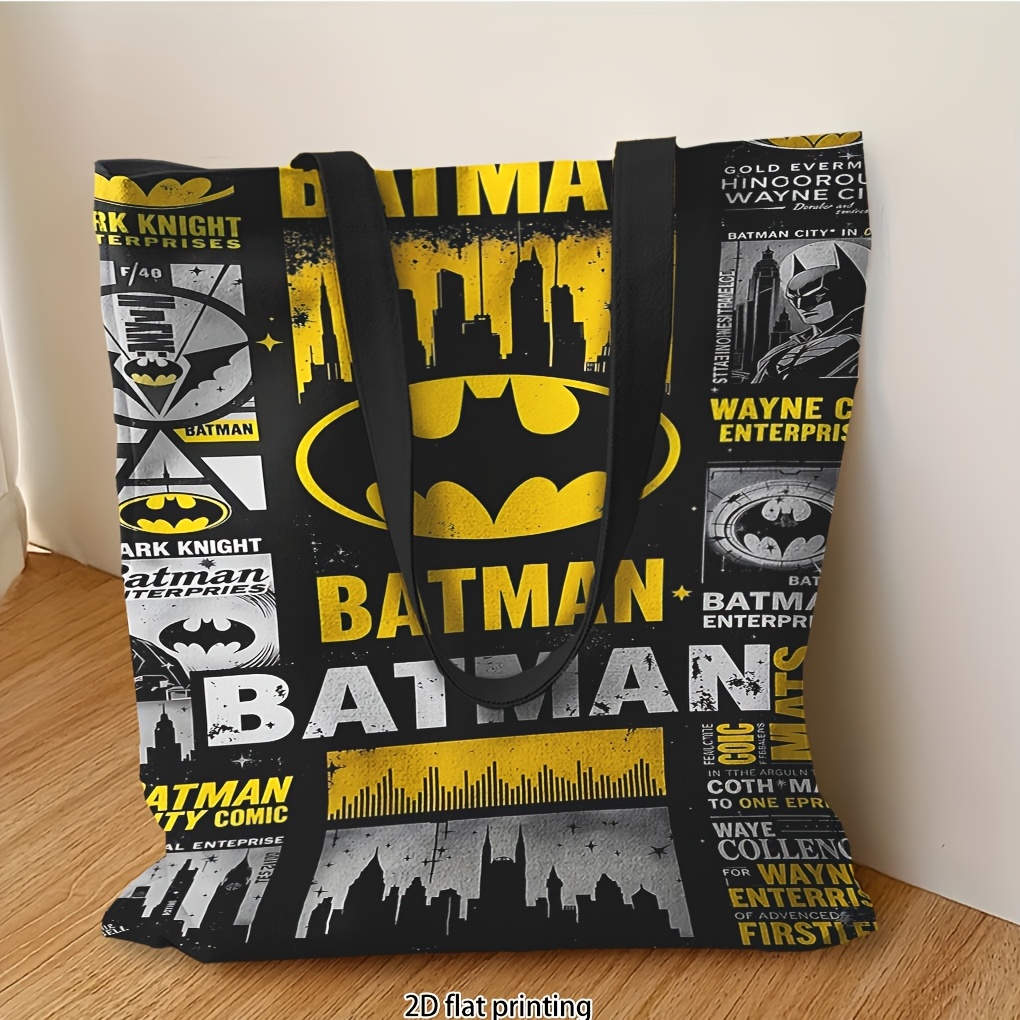 TEMU 1pc Wb Batman Logo Tote & Shoulder Bag - . Official Batman Emblem With City Silhouette, Soft Foldable Bag Suitable For, Shopping, Gifts, Machine