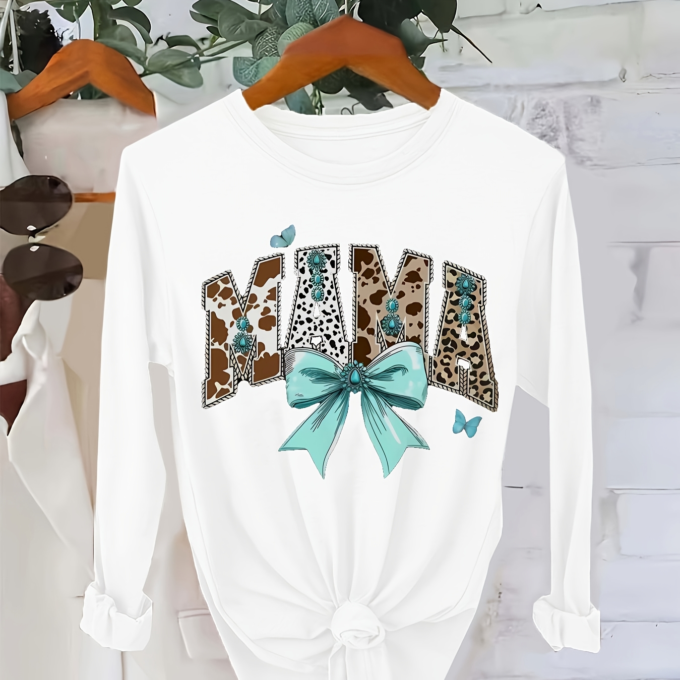 

Comfy 'mama' Leopard & Cow Print Long Sleeve Top For Women - Casual Crew Neck With Teal Bow Detail, Stretchy Polyester , Machine Washable