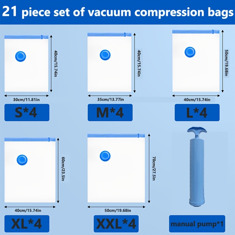 TEMU Set da 21 sacchetti sottovuoto per compressione (4S + 4M + 4L + 4XL + 4XXL) con 1 pompa manuale. Combinazione multi-misura, per viaggi e