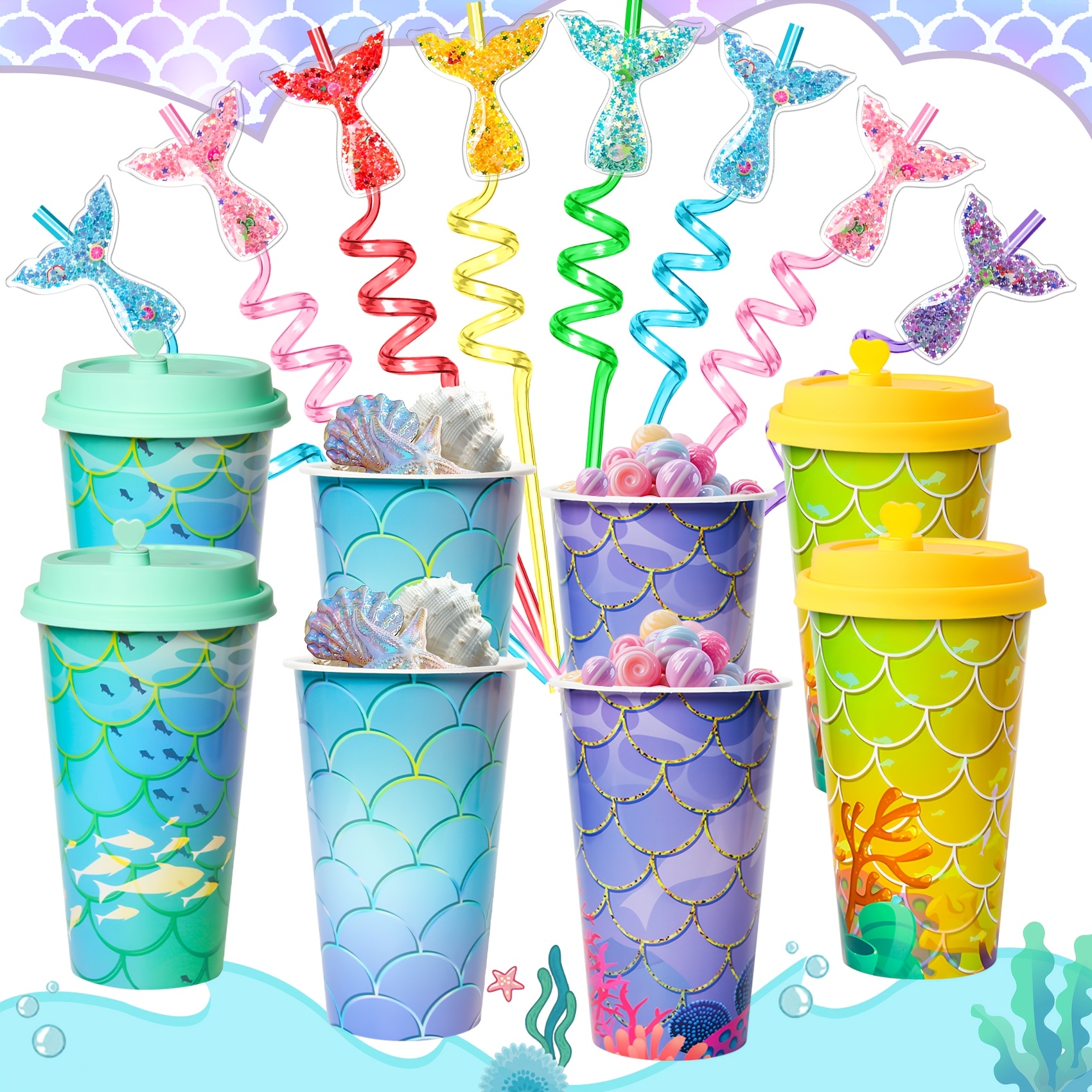 Image of 8 Cups Mermaid Party Supply Set, Reusable Mermaid Party Supply Decoration, Birthday Party Cup, Fun Set For Juices, And Desserts, For Birthday Celebrations And Underwater Mermaid Parties