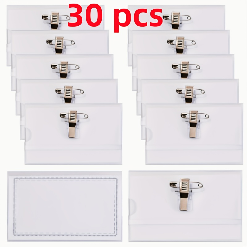 TEMU 2d 30pcs Traditional Double-sided Transparent Pin Badge Holder, Badge Card Sleeve, , Name Tag Clip, Id Card Holder With Insert Adapter,