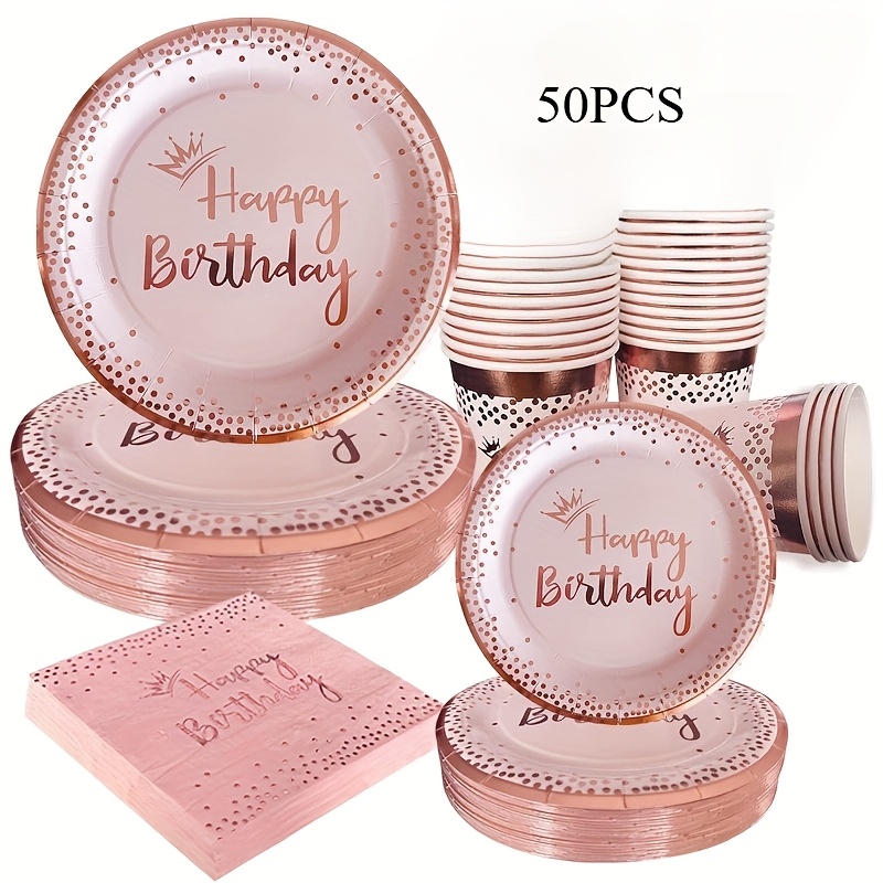 50pcs Rose Golden Birthday & Party Tableware Set With Plates, Cups, Towels - Elegant Disposable Rose Settings Suitable For Birthdays, Weddings, Showers, - Pack For Decorations