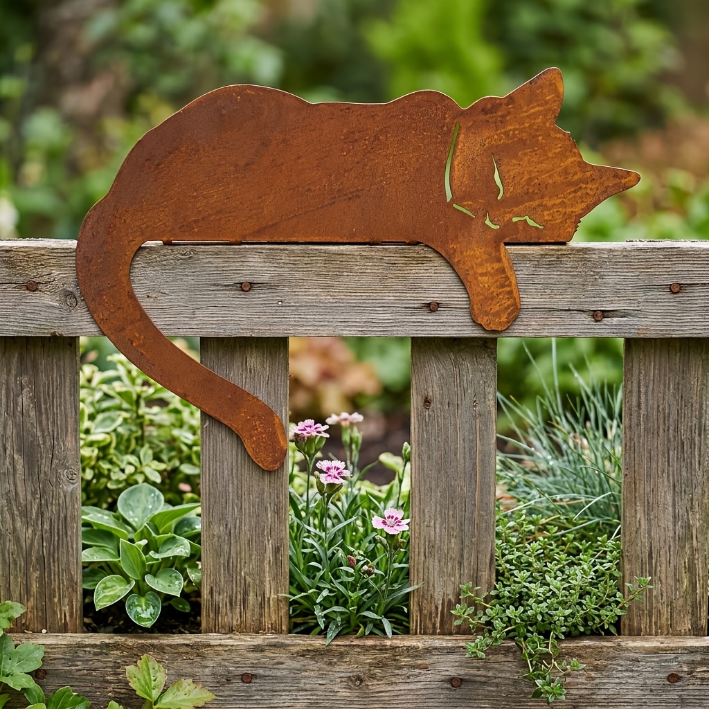 TEMU [2d Flat] Rustic Metal Cat Silhouette Statue, Weatherproof Cat Garden Stake Fence Decoration, Yard Art For Cat Lovers, Rusty Metal Cat Fence