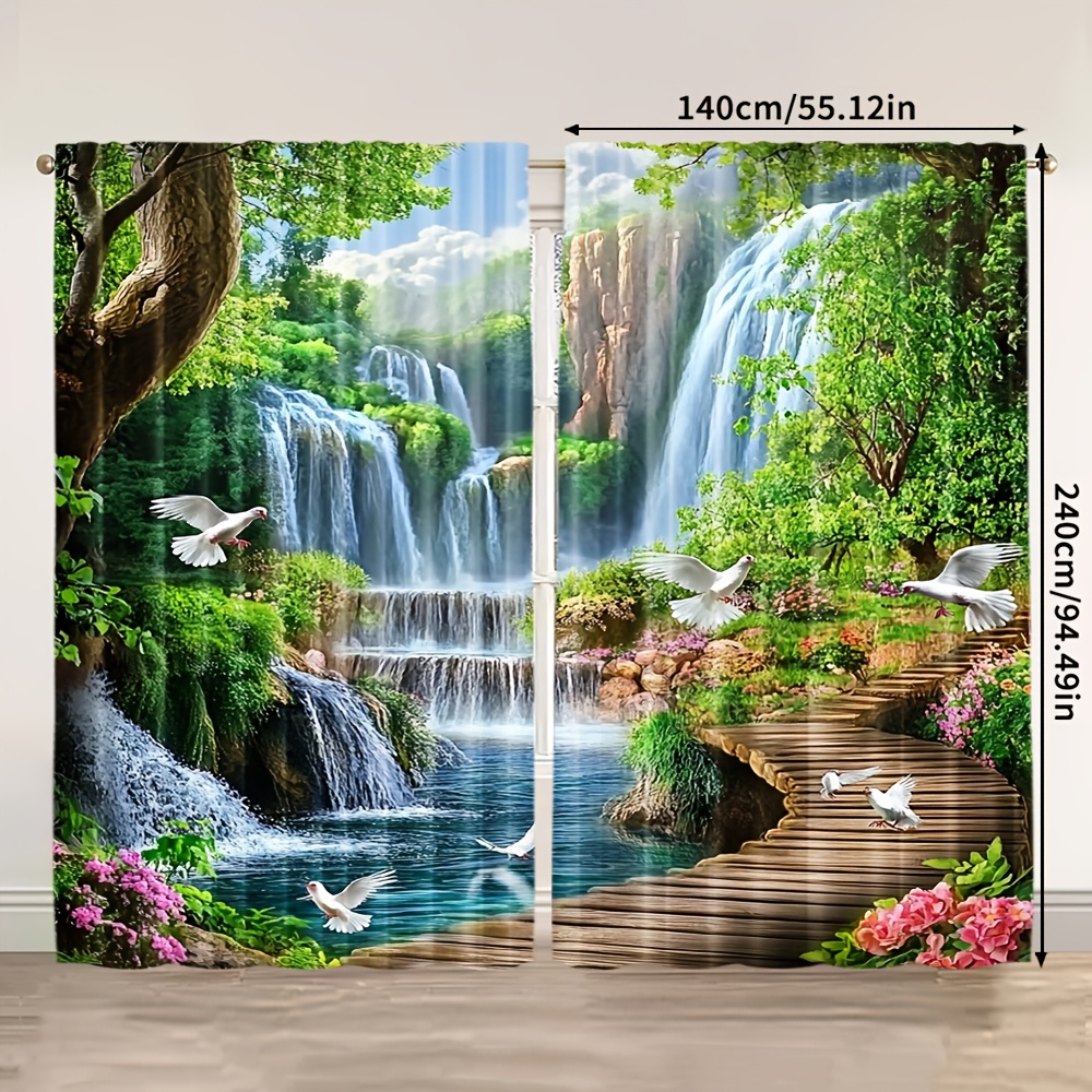 TEMU 2pcs, Rideaux Imprimés Numériquement Scènes de Forêt Polyester ( Tringle, Mouvement, Pile) Décoration Intérieure pour Chambre & Divers de Vie
