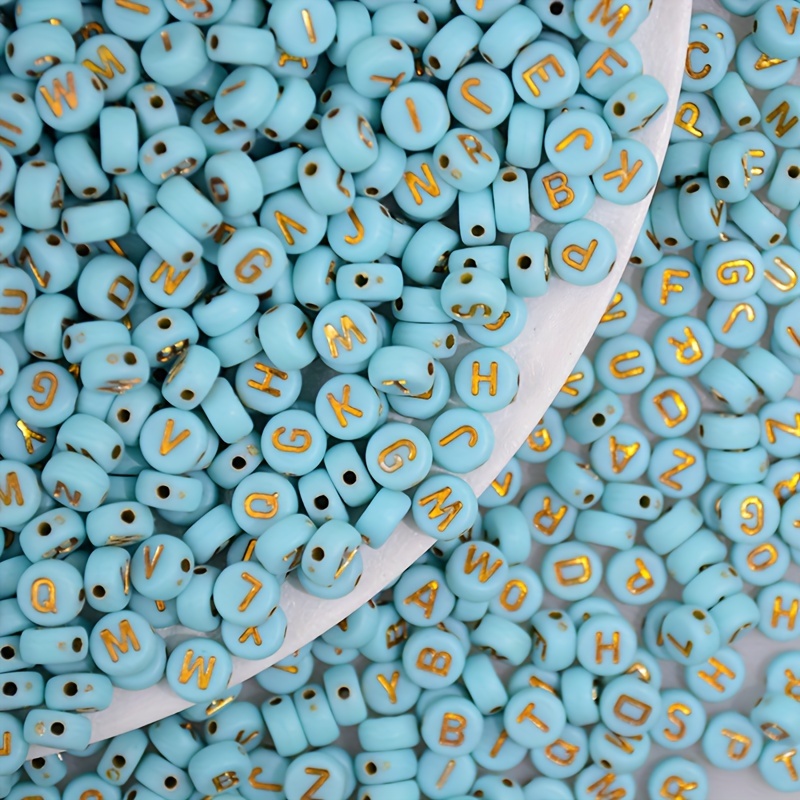 

100pcs Light Blue Acrylic Alphabet Beads With Golden Accents For Making - Handcrafted Bracelet & Necklace Supplies