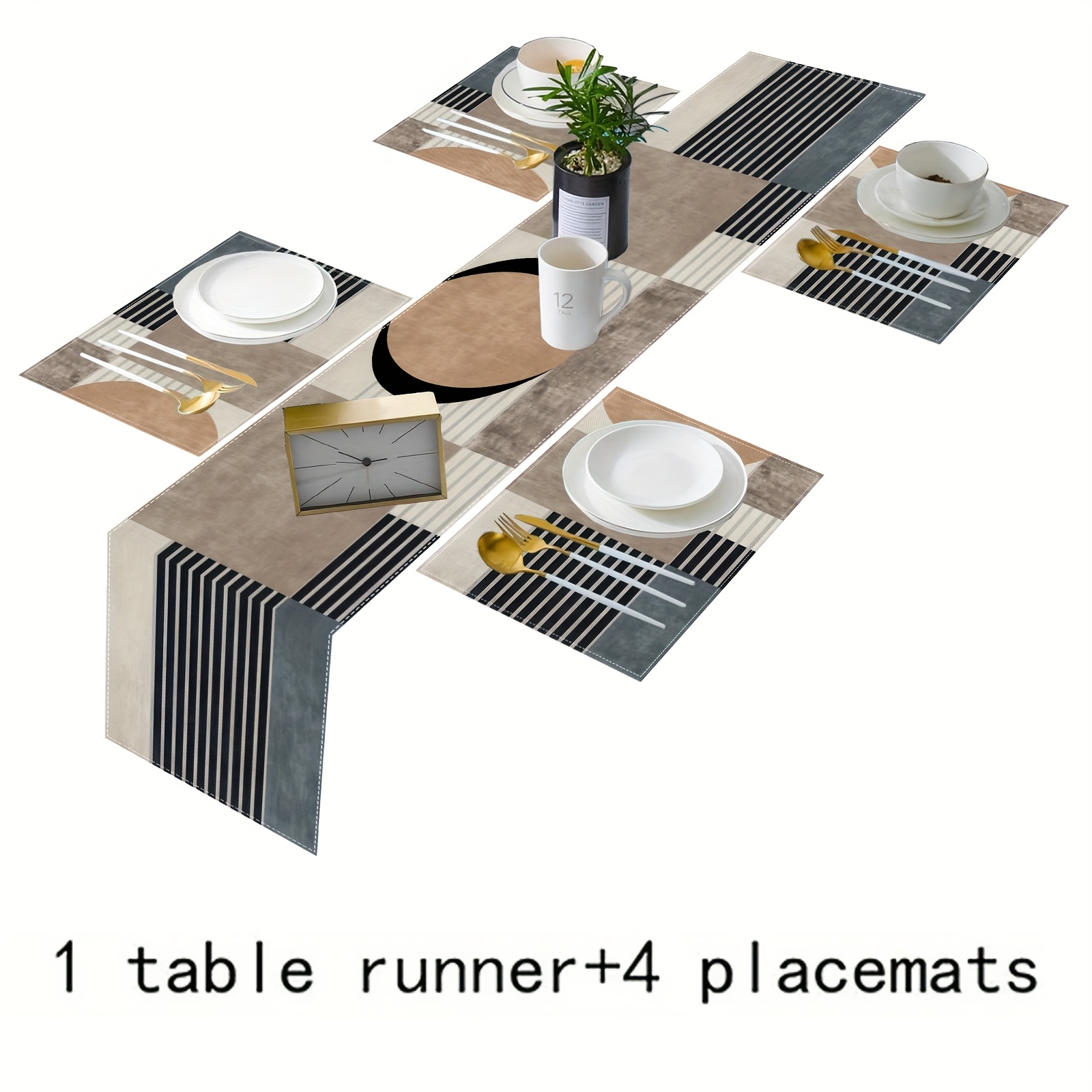 TEMU Set di runner da e tovagliette geometriche minimaliste a righe nere, 5 pezzi/7 pezzi, stile boh矇mien, per la decorazione di cucine e ristoranti,