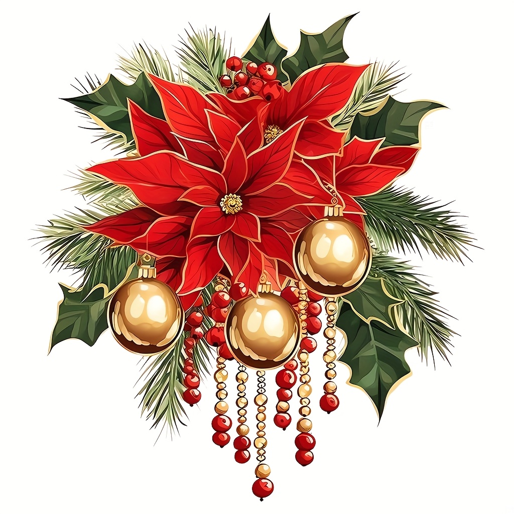 TEMU 1pc Christmas Poinsettia Wall Sticker, "red Poinsettia + Golden Christmas Ball Pine Branch" Window Sticker, " Christmas Atmosphere" Decorative