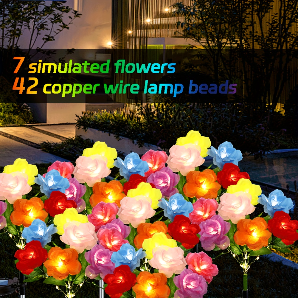 

Solar-powered Rose Led Lights - 7-heads Bundle, Outdoor Garden Pathway & Patio Atmosphere Decor For Valentine's Day