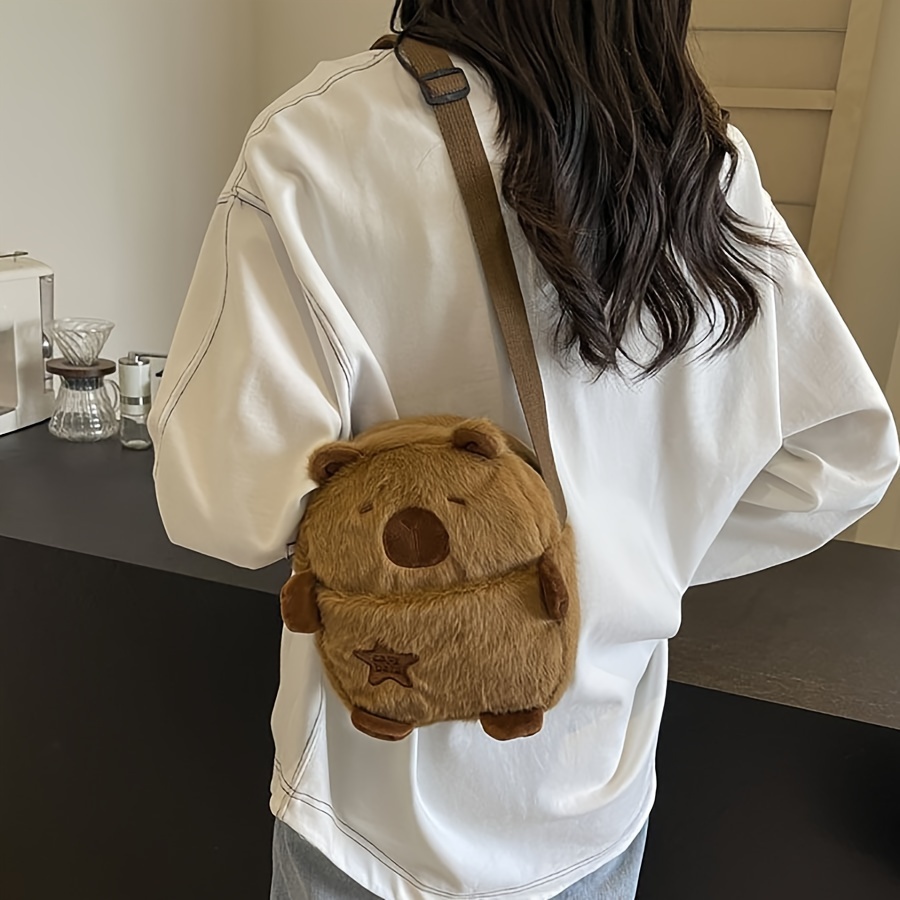 

Cute Capybara Plush Crossbody Bag For Girls, Lightweight Daily Shoulder Bag With Adjustable Strap, Zipper Closure, Polyester Lined Cartoon Capybara Bag - Coffee Color