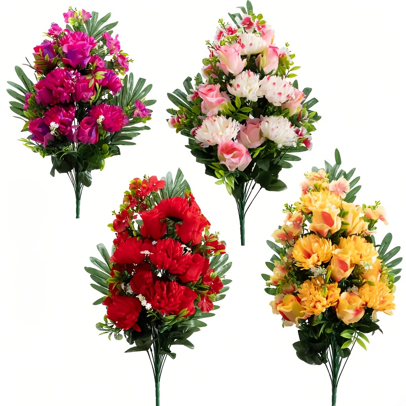 

1 Bundle Of 24 Vibrant Artificial Chrysanthemums & Roses - Fan-shaped, Lifelike Tombstone Flowers In Pink, Red, Yellow & Orange For , Easter, & Qingming Festival Decor, Decorations