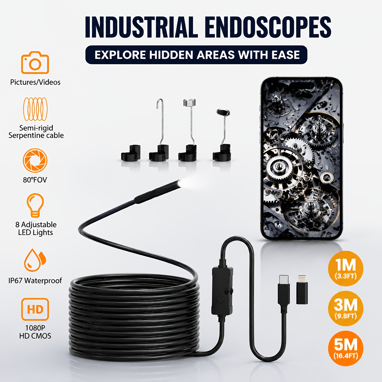 1080P Endoskop Für IPhone Android 5m Endoskopkamera Für Handy – 1080P HD Mit 8 LEDs, IP67 Wasserdicht – Für IPhone & Android (USB-C/Micro-USB