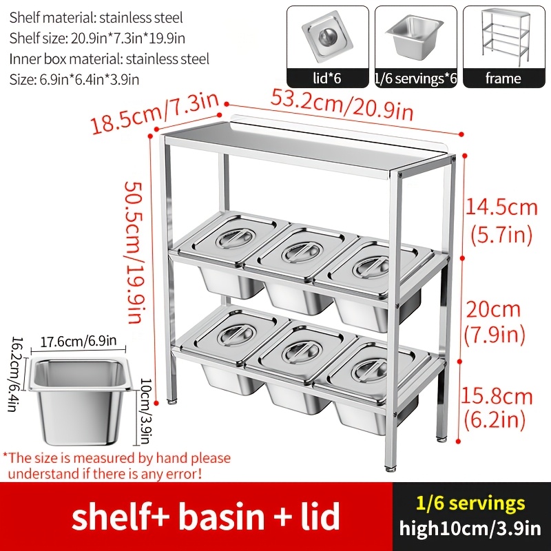 Image of 1/6 Three-layer Slanted Storage Rack For Milk Tea Shops, Jam Boxes, Fruit Powder Compartments, Seasoning Grids With Lids, Commercial Stainless , Sturdy Square Tube.