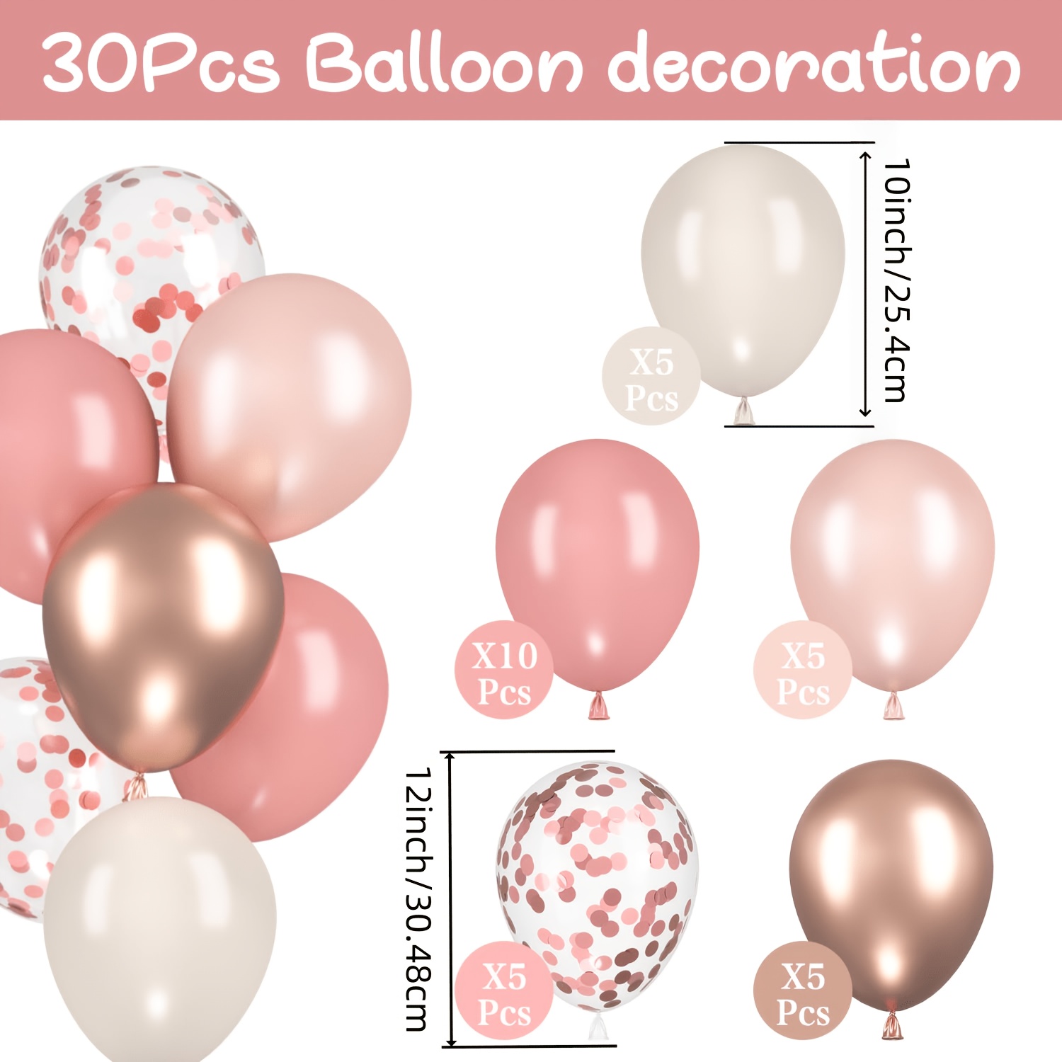TEMU 30pcs Of Rose Golden Retro Pink And White Balloons, Metal Rose Golden Paper Scraps Balloons. Suitable For Girls' Birthdays, , Weddings,