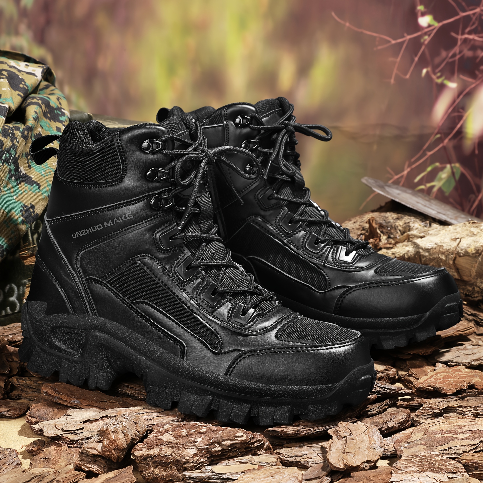 Men's Solid High Top Hiking Boots, Comfy Non Slip Lace Up Durable Sneakers For Men's Outdoor Activities