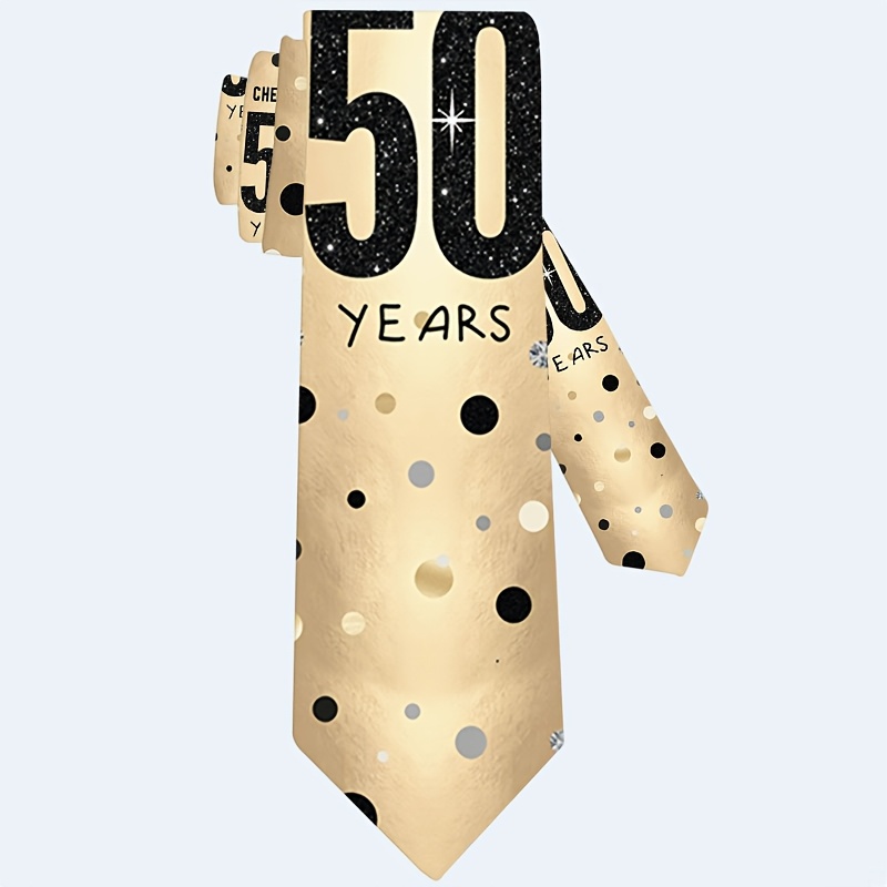 Image of 1pc, Neck Tie For Men Golden 50 Years Anniversary Polka Dot Print, Celebration Pattern For Holiday Wear, Funny Gift For Him