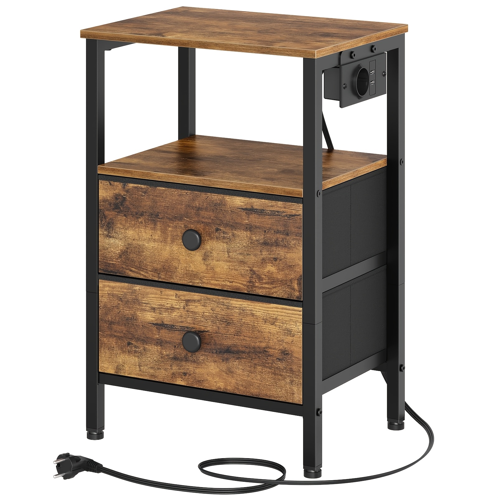 Nightstand With Charging Station | Side Table With 2 Drawers And Open Shelf, Usvb Interface And Socket, Suitable For Living Room, Bedroom, Black
