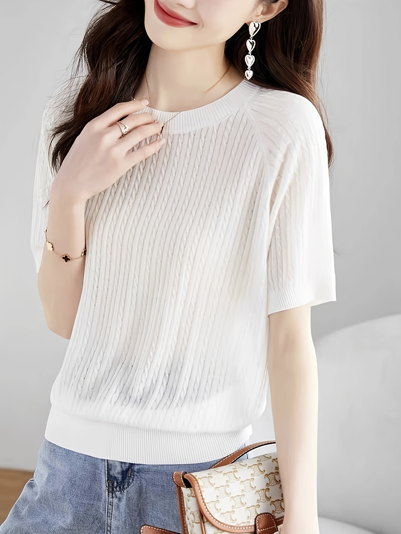 Women's Ice Silky Fiber Short Sleeve T-Shirt French Round Neck Textured  Top, Medium Stretch Elegant Black Shirt for Casual Formal Wear,