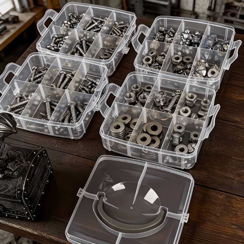 7pcs Set: 6 Containers with 1 Lid, Transparent Storage Box with Lid and Handle, Snap Closure Design, Clear Tool Organizer, Household Screw, Wrench, and Hardware Accessories Sorting Box, Storage Container, Portable Divided Organizer Tray