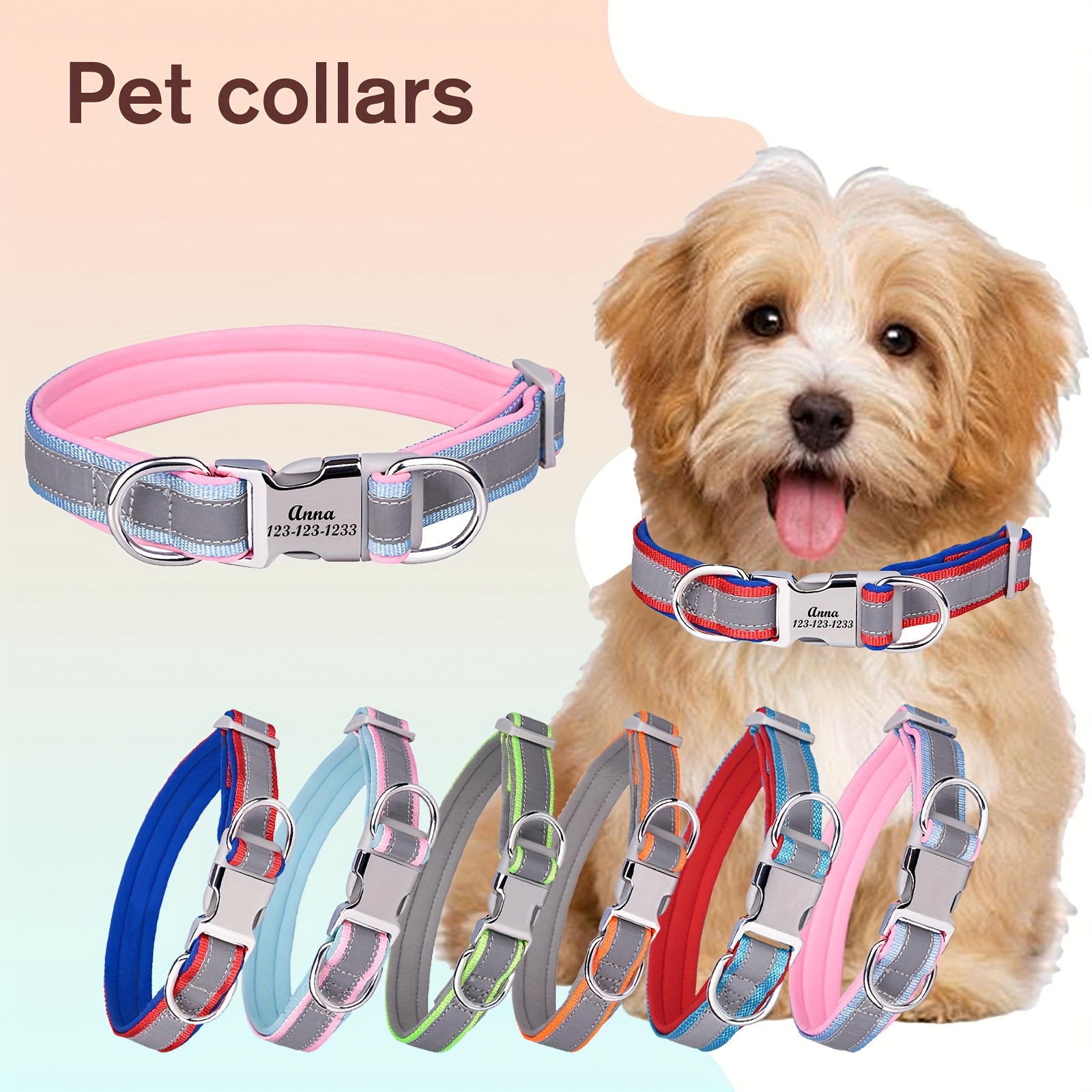 reflective dog collar, pink leather dog collar for small medium