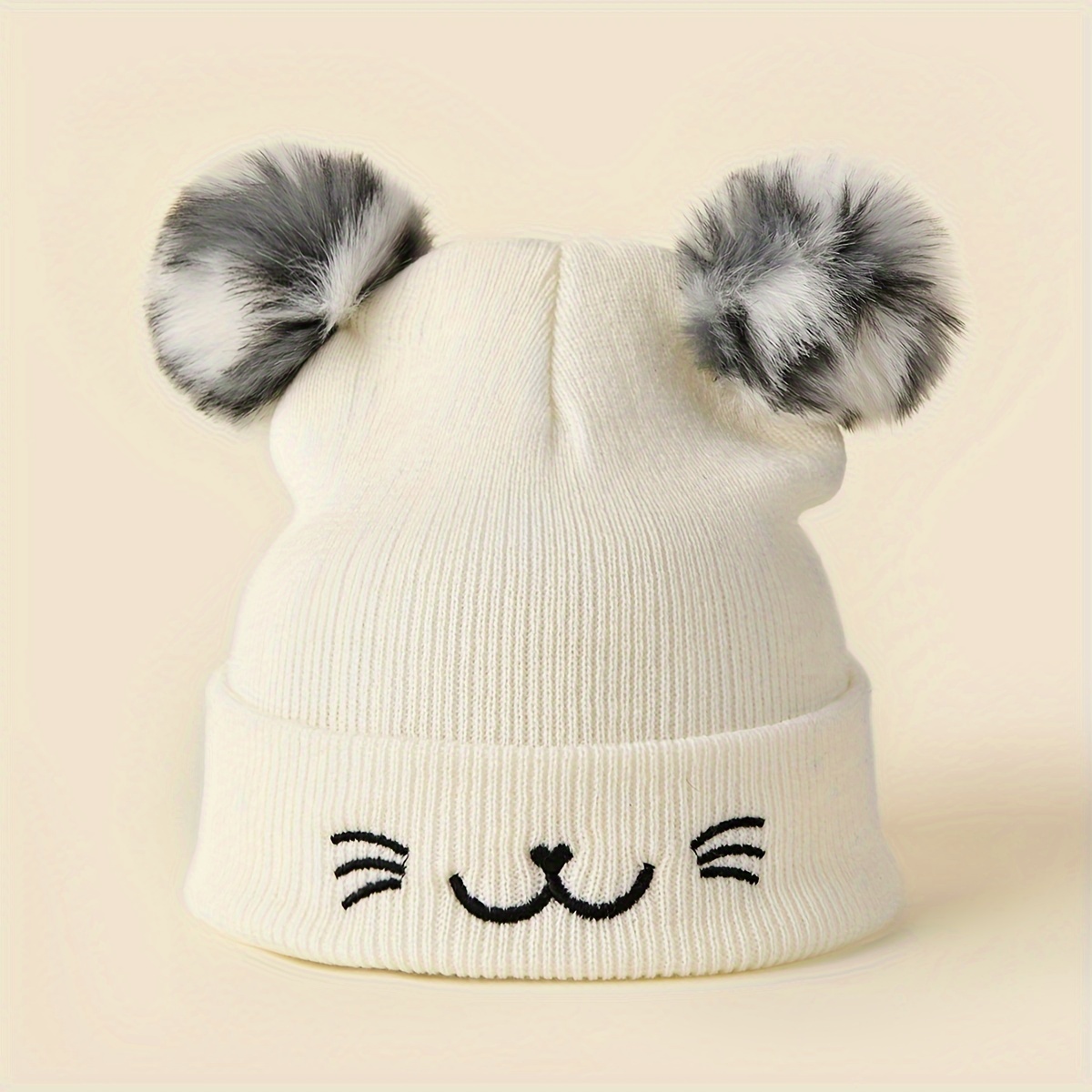 1pc Women's Cute Double Ball Leopard Cat Embroidery Beanie Hat Suitable For Autumn Winter Warm Outfit