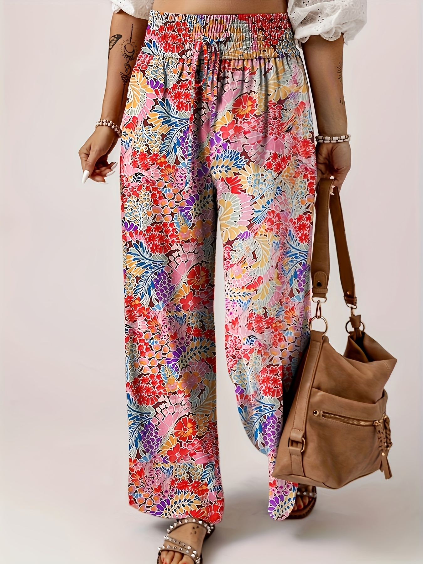 Cute Flamingo Pattern Wide Leg Pants, Casual Loose Drawstring Pants For  Spring & Summer, Women's Clothing