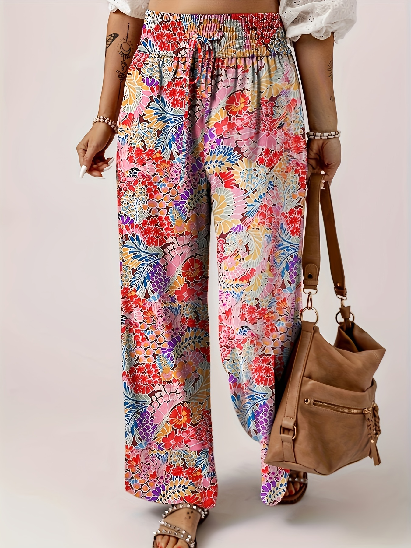 Floral Print Wide Leg Pants, Casual High Waist Pants, Women's Clothing