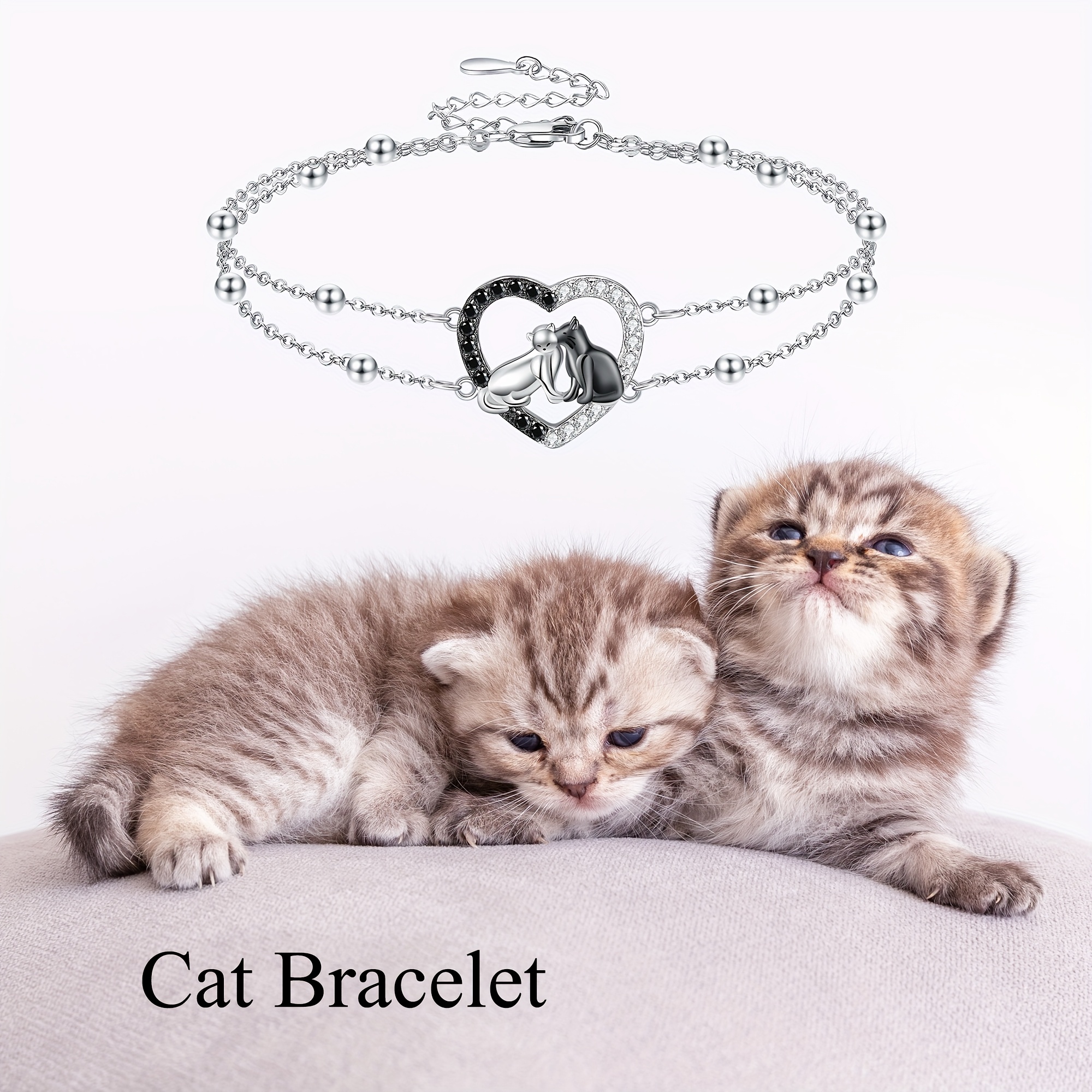 925 Silver Cat Bracelet Heart Double Layered Chain Cat Charms Gift