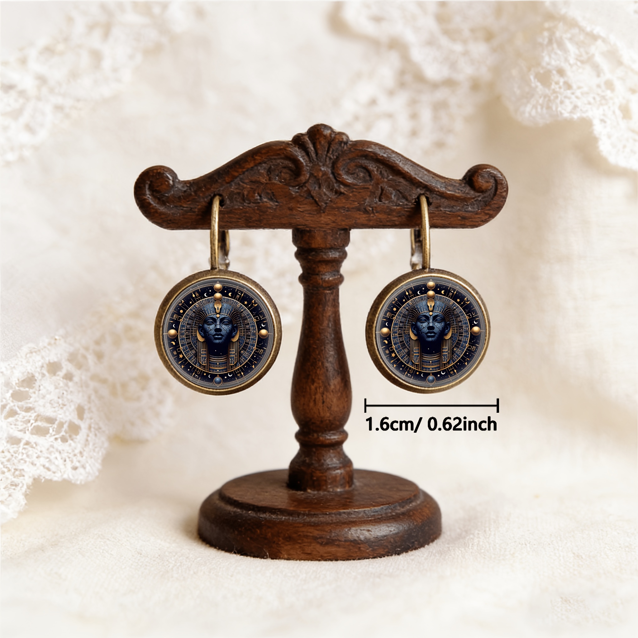 2pc Teal Round Classical Earrings Set, Egyptian Figure Design