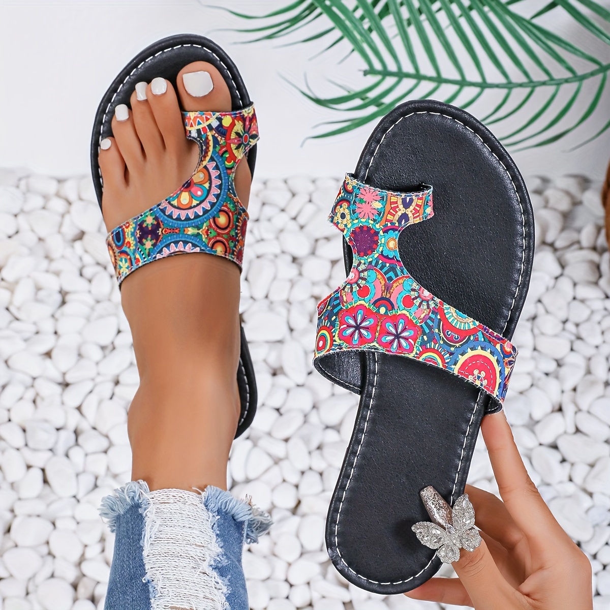 

Women's Stylish Mandala Slides, Lightweight Flat Slip On Summer Walking Slides, Comfort Toe Loop Beach Slides