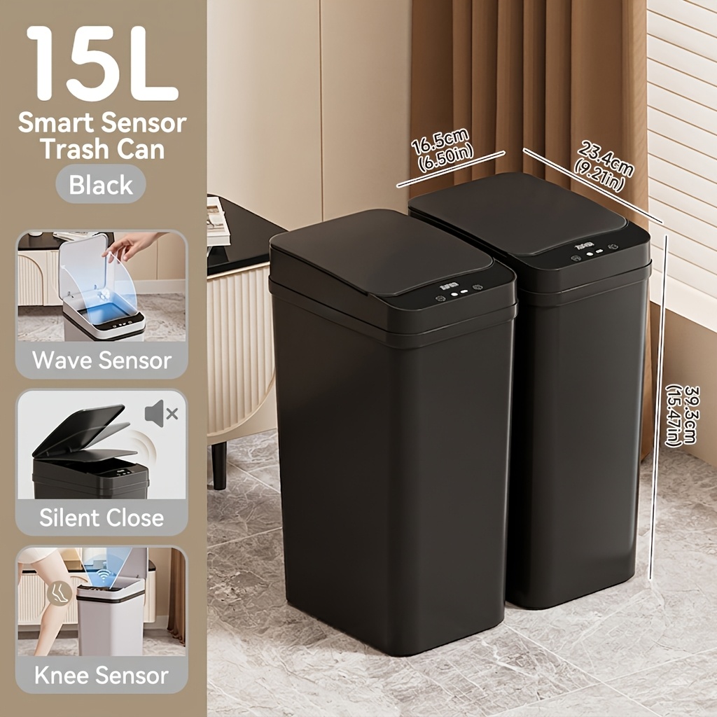 TEMU 1pc/2pcs Sensor Trash Can, 12l And 15l Auto Open Close Narrow Slim Bathroom Garbage Bin, Sealed Odor-proof Waste Bin For Bathroom Bedroom Living