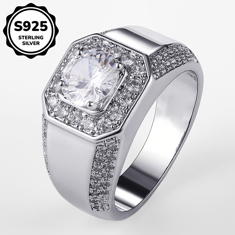 Image of 1pc S925 925 Silver Exquisite Fashion Micro-inlaid Square Synthetic Synthetic Zircon​ Men's And Women's Gift Ring Size 8-12 Optional High-quality Jewelry Daily Party Wear About 7.