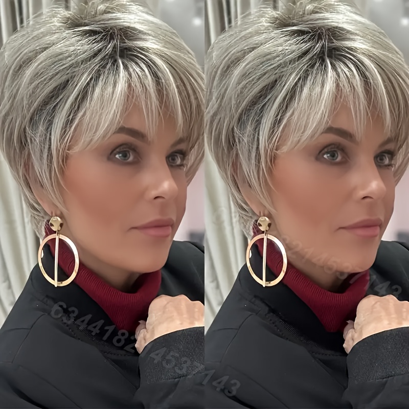 TEMU Short Straight Layered Grey Wig Made From Brazilian Human Hair, Featuring A 6-inch Length And 180% Density. It Comes With A For , Suitable For Parties, , Casual Wear, And As A Party Accessory