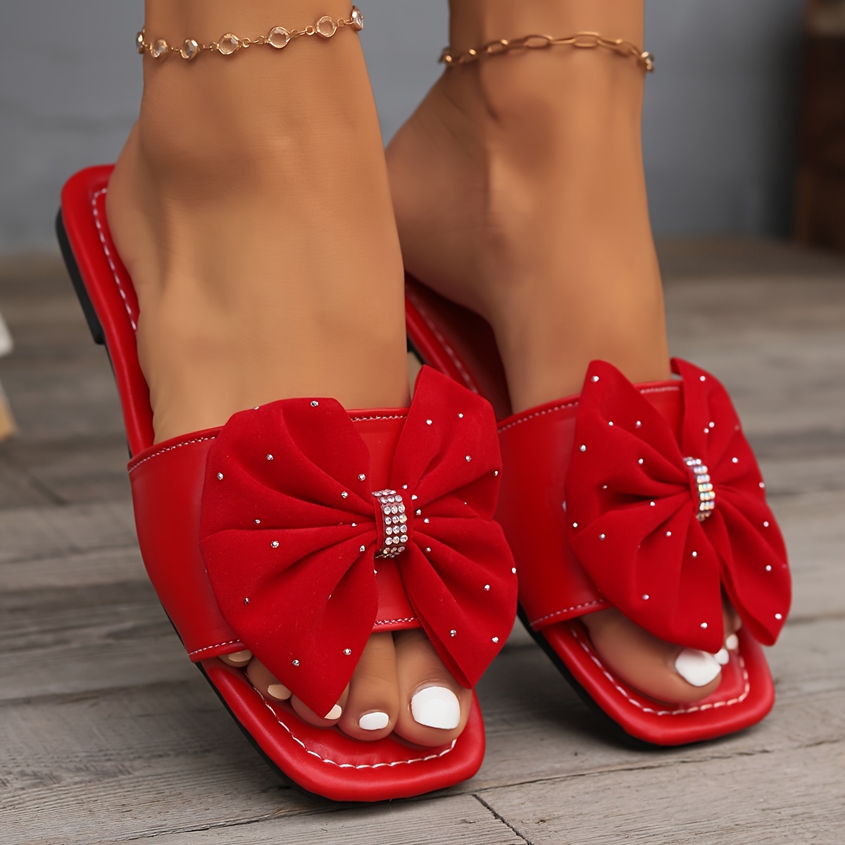 

Women's Red Bowknot Slide Sandals, Elegant Summer Beach Flat Slides With Rhinestone Accents, Casual Beach Dressy Footwear