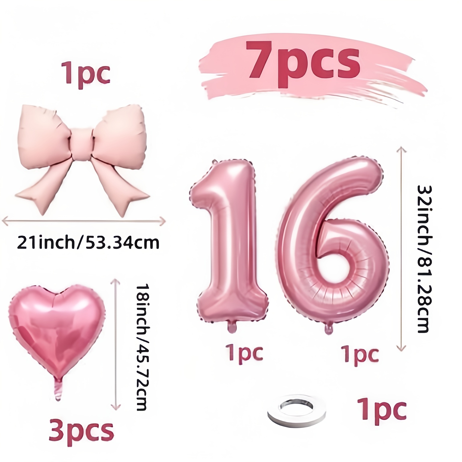 TEMU 7pcs: 1pc Bow Aluminum Foil Balloon, 3pcs Heart-shaped Aluminum Foil Balloons, Pink-themed Birthday Party Setup, Birthday Portrait Photography