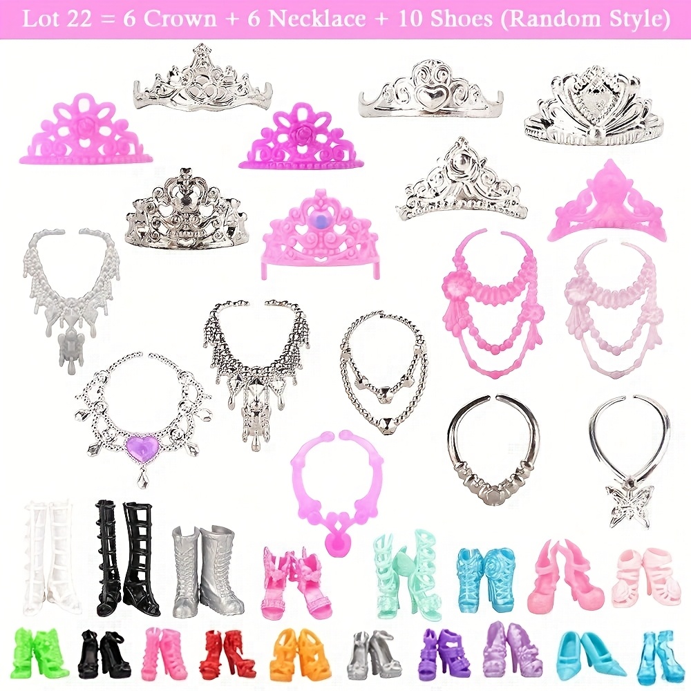 32pcs Doll Dress-Up Set for Girls, Assorted Styles with 10 Outfits, 10 Shoes, 6 Crowns, 6 Necklaces, Fashion Accessory Collection, Mixed Color, Durable Plastic Material