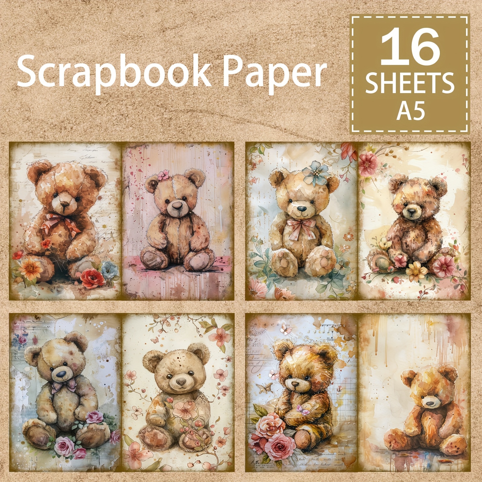 

16pcs A5 Size Lace Cute Bear Background Material Decor Diy Retro Diary Garbage Diary Greeting Card Planner Background Card Mat