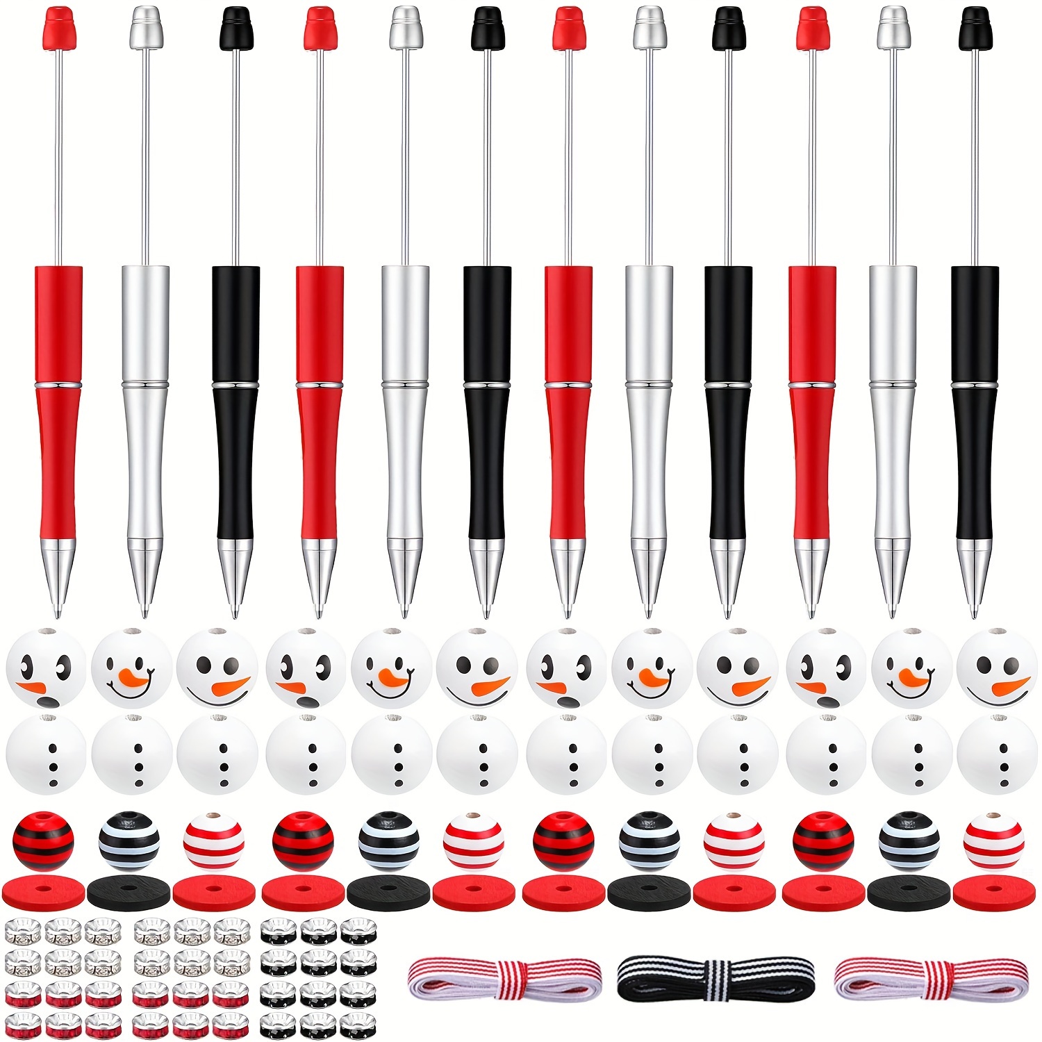 Image of 99pcs Christmas Bead Pen Plastic Set, Including 12 Bead Pens, 36 Wooden Beads, 12 Spacers, 36 Spacer Beads, And 3 Colored Strings. Diy Pen Set Suitable For Office, School, And Christmas Gifts
