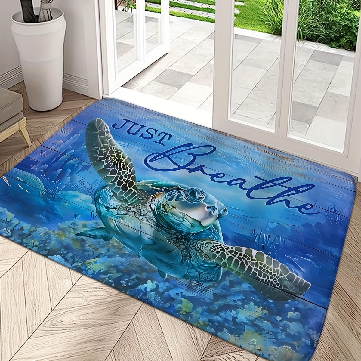 

Breathe" Sea Turtle Welcome Mat - Non-slip, Machine Washable Polyester Rug For Indoor/outdoor Decor, Perfect For Home Entrance & Hallway